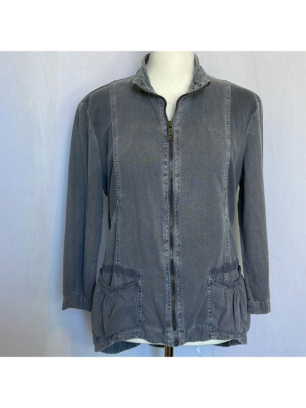 XCVI Linen Blend Full Zip Jacket Size S Gray Pockets 3/4 Sleeve Back Rouching